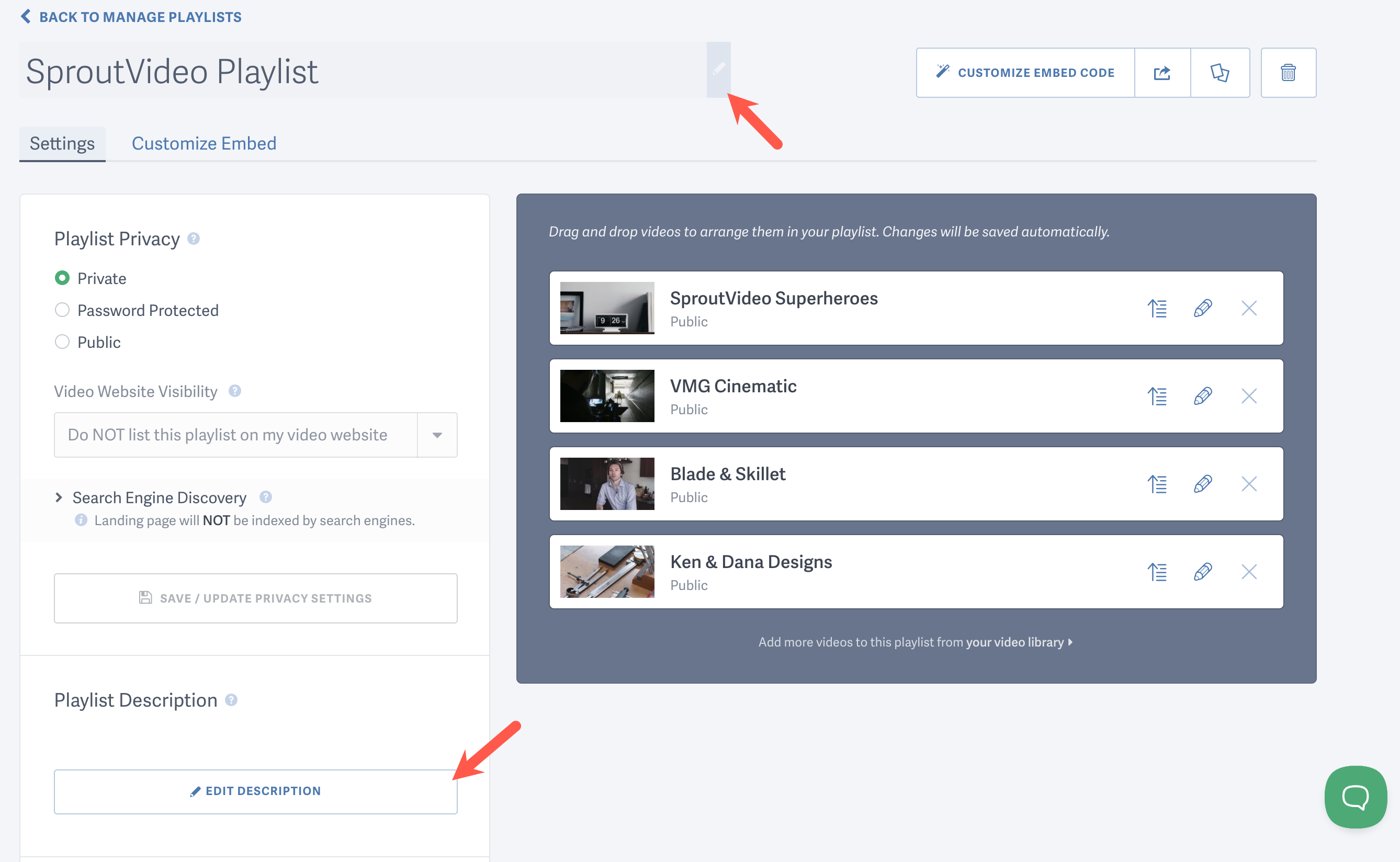 Click the pen icon to edit the title or description of a playlist hosted on SproutVideo