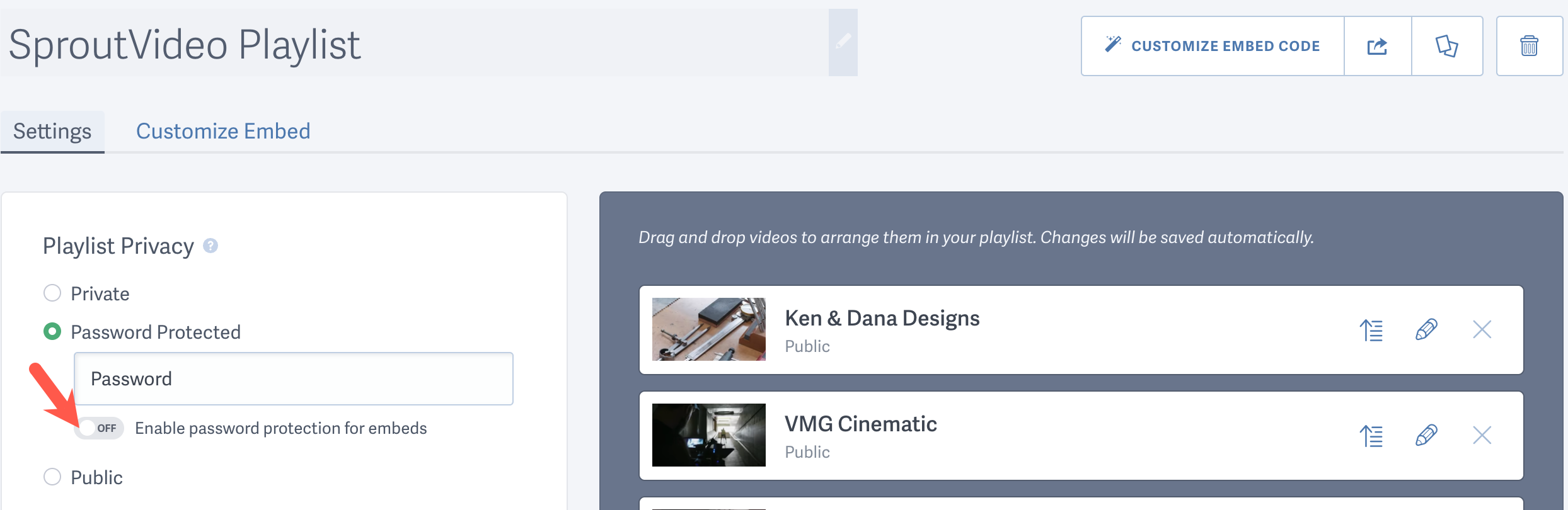 Enable password protection for embeds