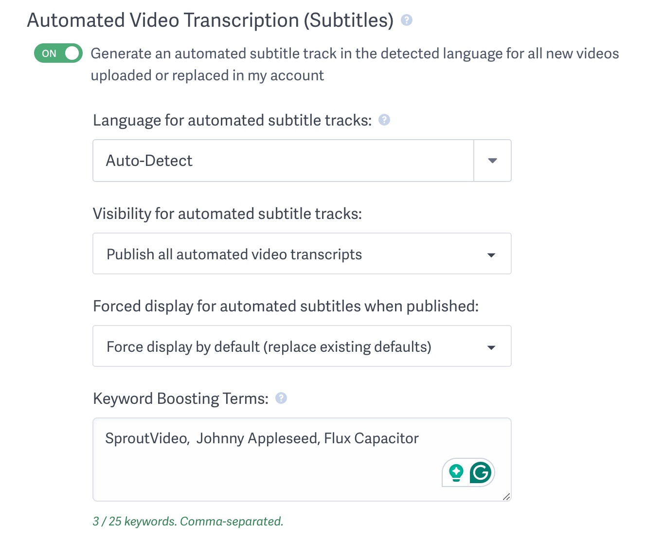 Manage the default account wide automated subtitle settings